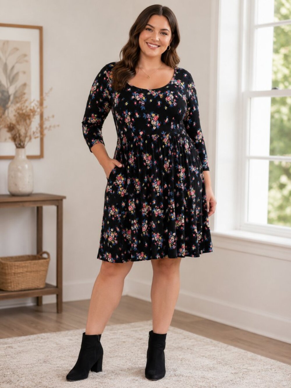 Women's Black Floral Fit & Flare Dress 3/4 Sleeve Scoop Neck